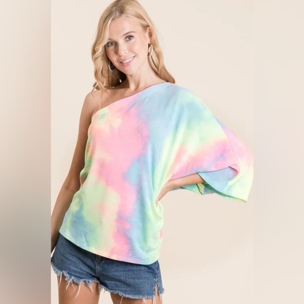 BiBi Tie Dye French Terry One Shoulder Top with Dolman